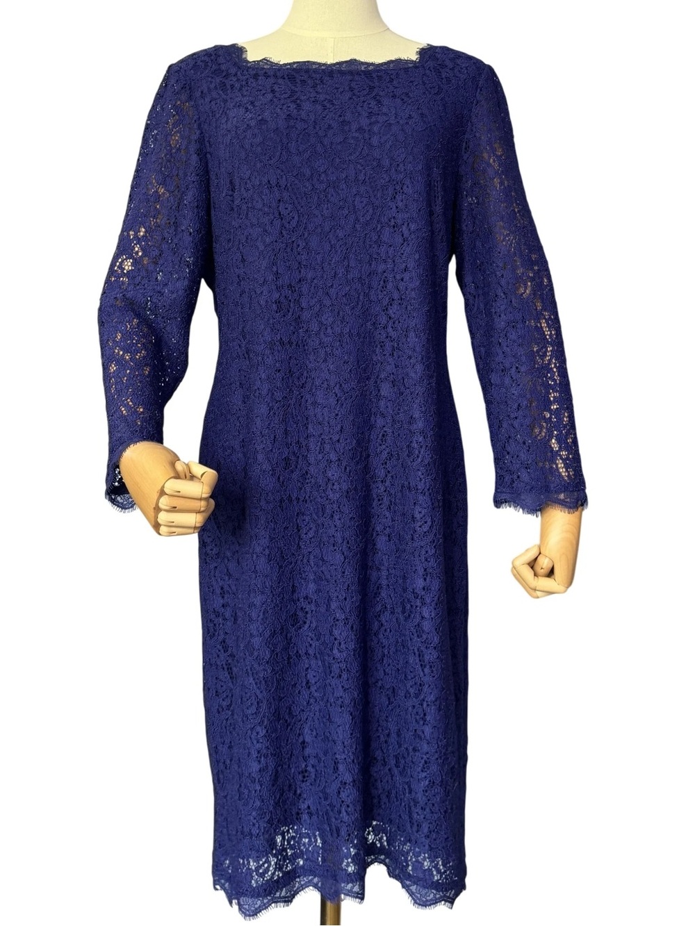Adrianna Papell Cobalt Blue Lace Sheath Dress 3/4 Sleeve Scalloped Sz 16